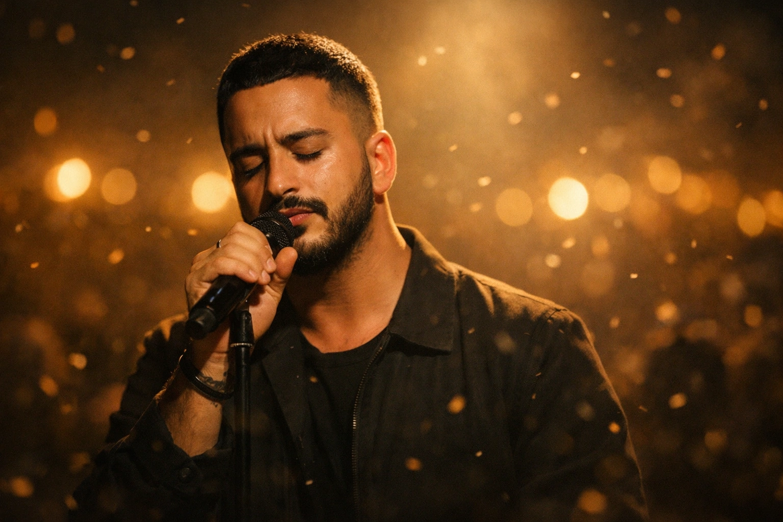 Chanteur français sur scène, yeux fermés, chant émouvant sous une lumière dorée intimiste en concert.