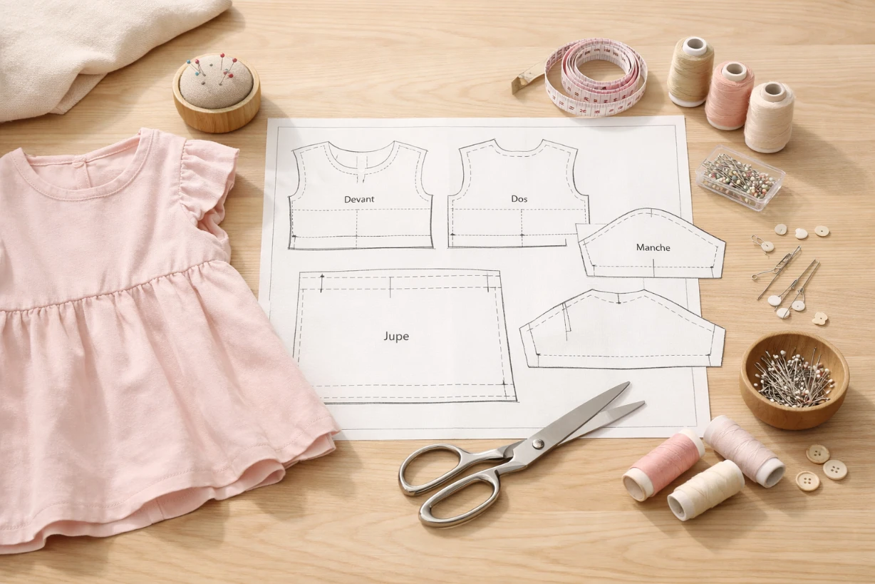 Patron de robe pour fille avec tissu rose, ciseaux et accessoires de couture sur table en bois clair.