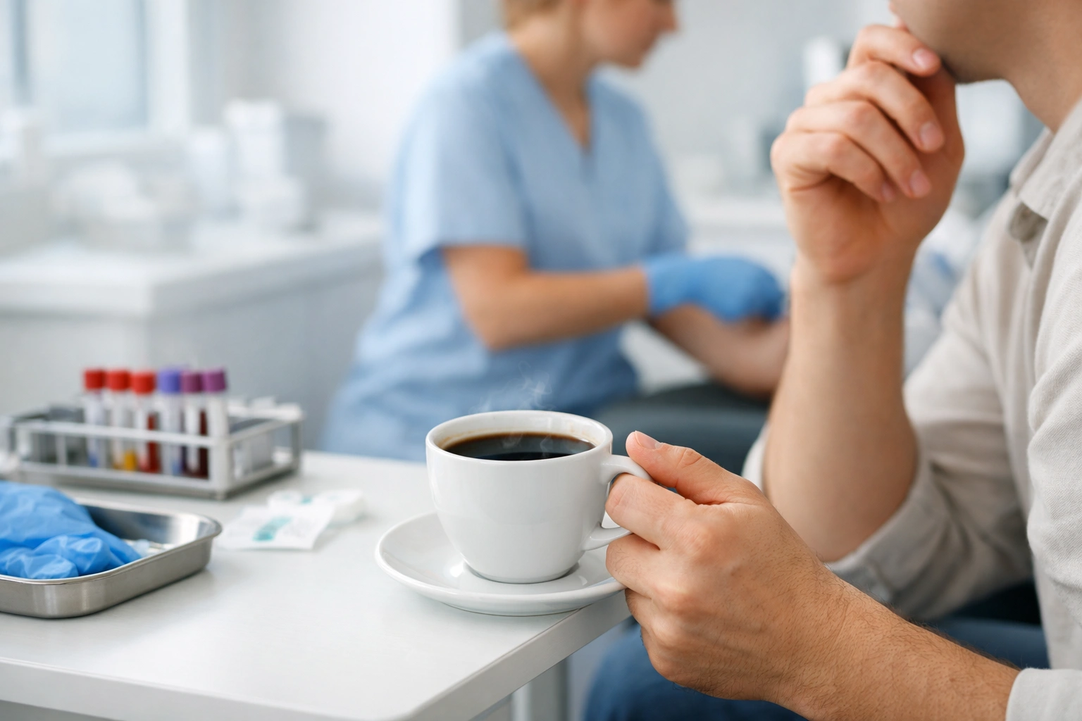 Personne tenant un café dans un laboratoire médical avant une prise de sang, avec soignant en arrière-plan.