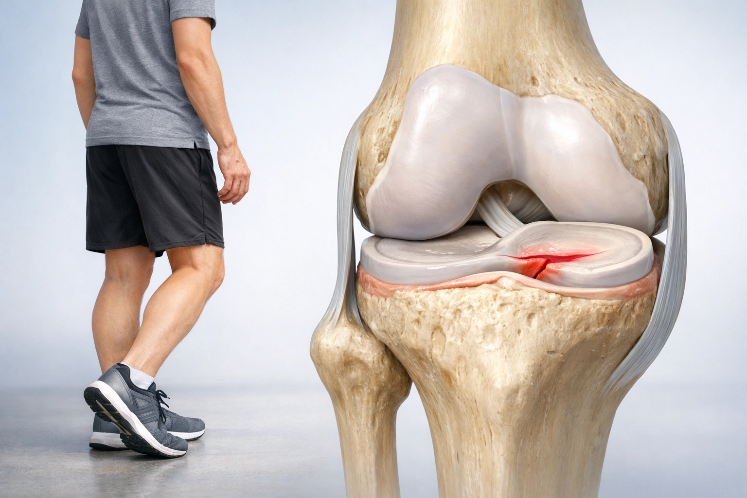 Illustration médicale d’un genou avec fissure du ménisque, montrant une personne marchant prudemment malgré la blessure.