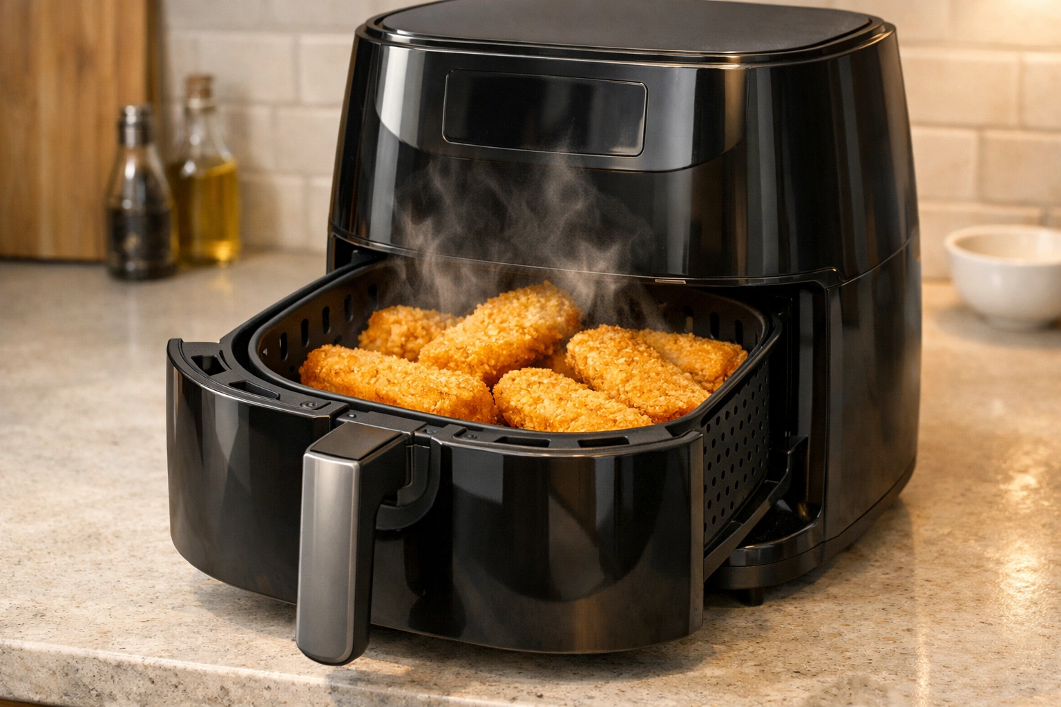 Airfryer ouvert sur un plan de cuisine moderne avec poissons panés dorés et vapeur légère.