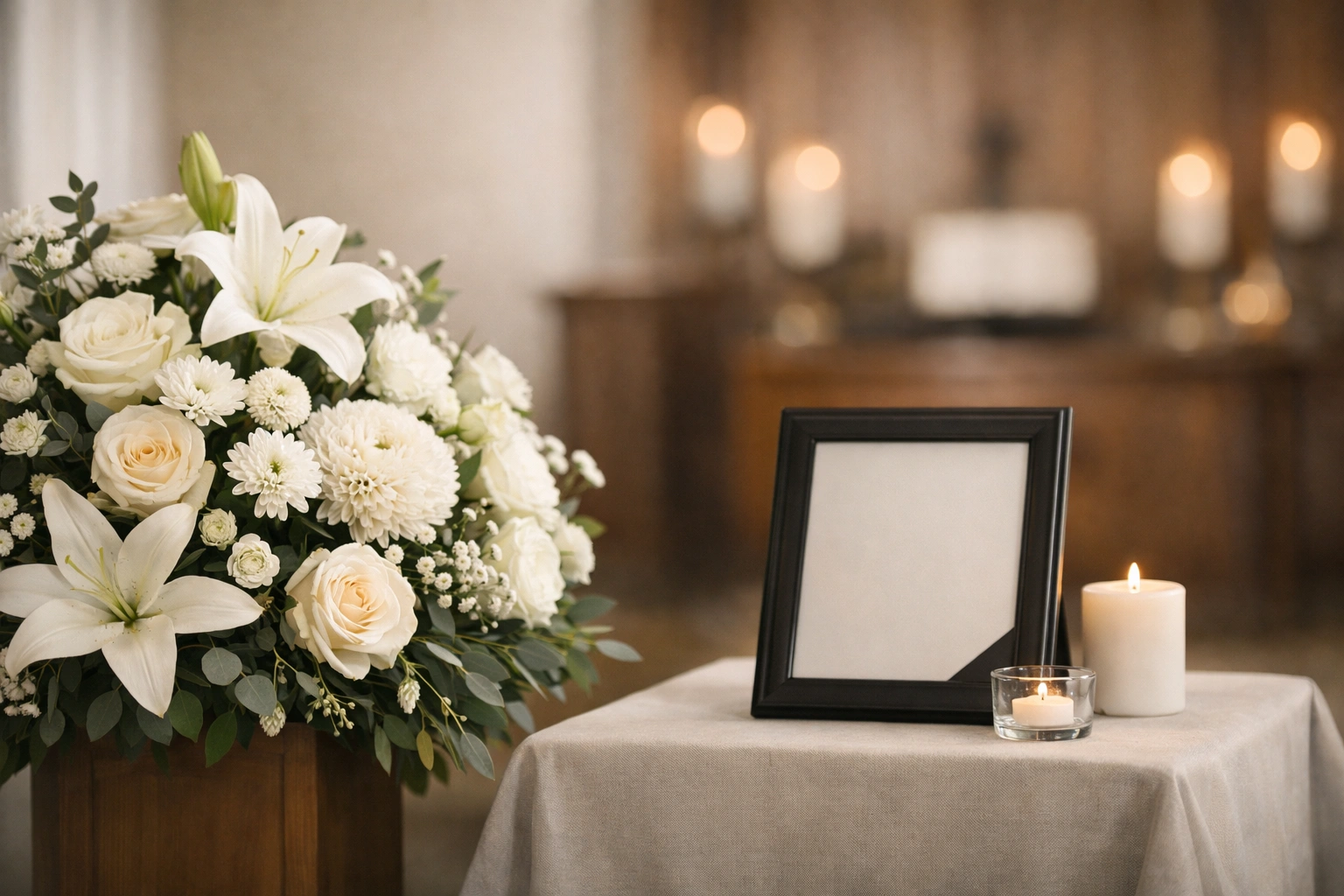 Composition florale blanche et cadre commémoratif dans un salon funéraire calme et lumineux.