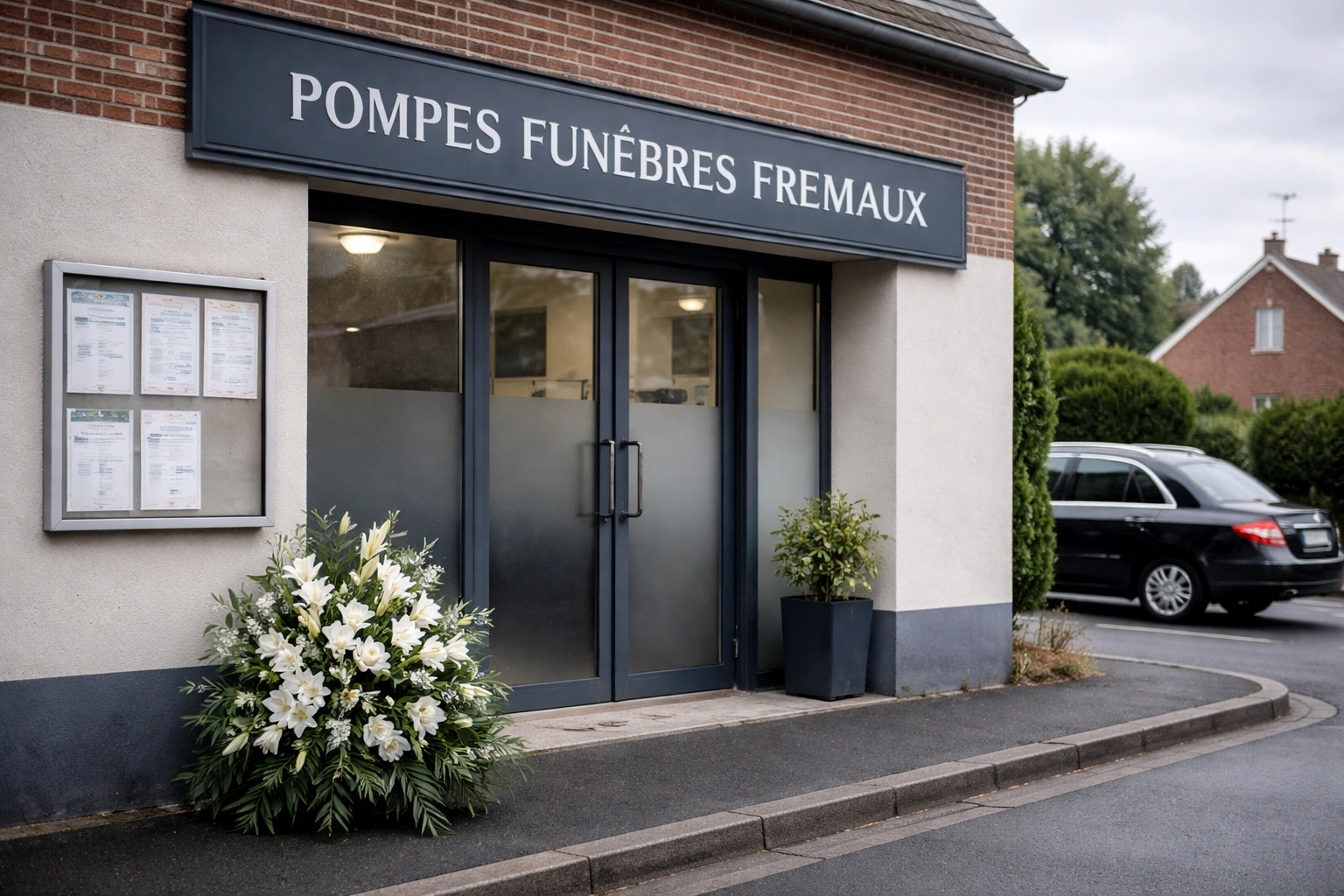 Façade des pompes funèbres Fremaux à Santes, fleurs blanches à l’entrée, ambiance sobre et calme.
