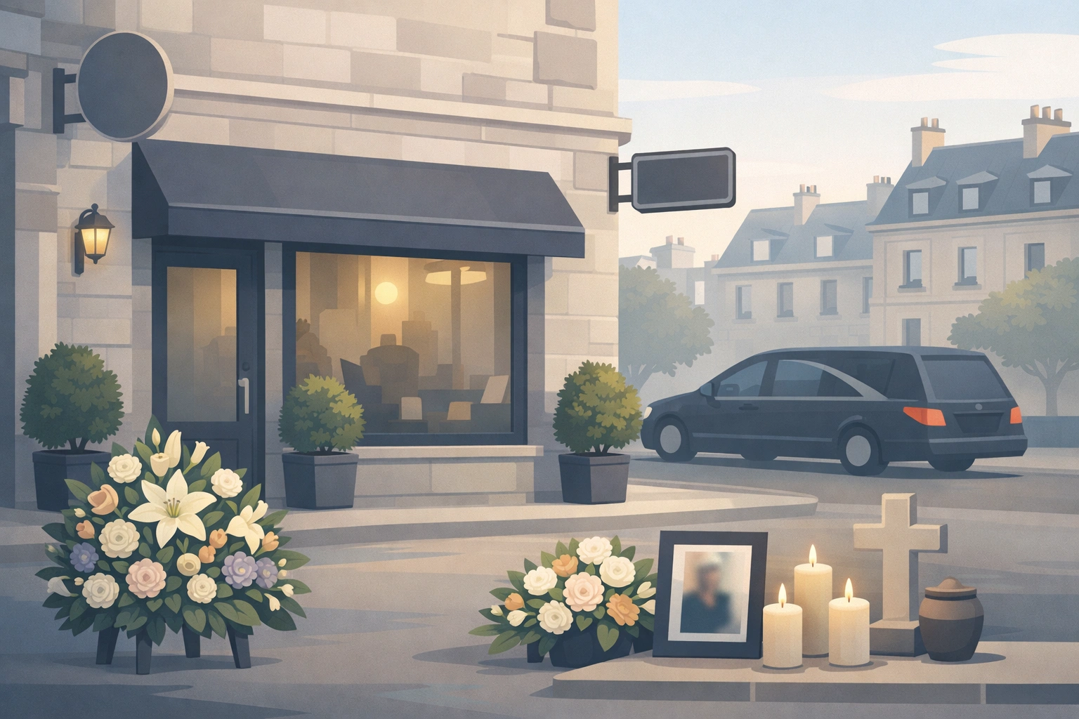 Façade d’une maison funéraire française avec fleurs, bougies, croix et corbillard discret.