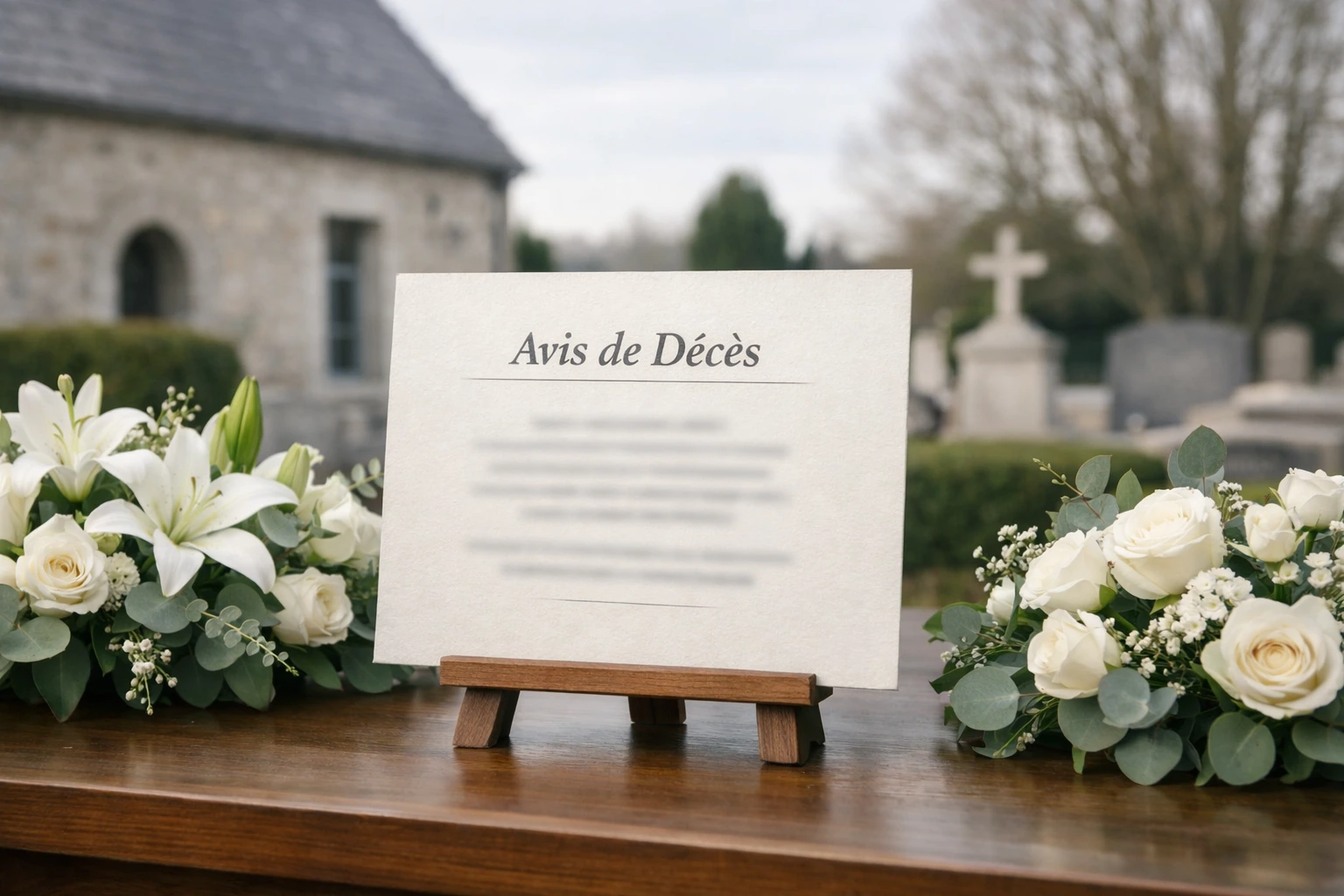 Avis de décès sur papier clair entouré de fleurs blanches, devant un cimetière de village français.