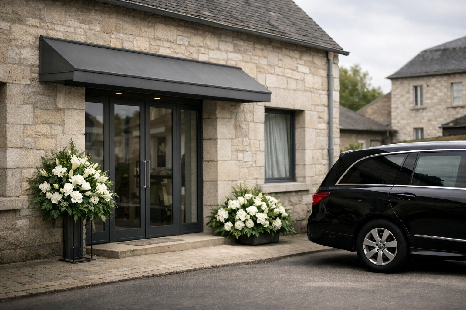 Façade d’une maison funéraire à Brive, fleurs blanches à l’entrée et corbillard noir discret garé près.