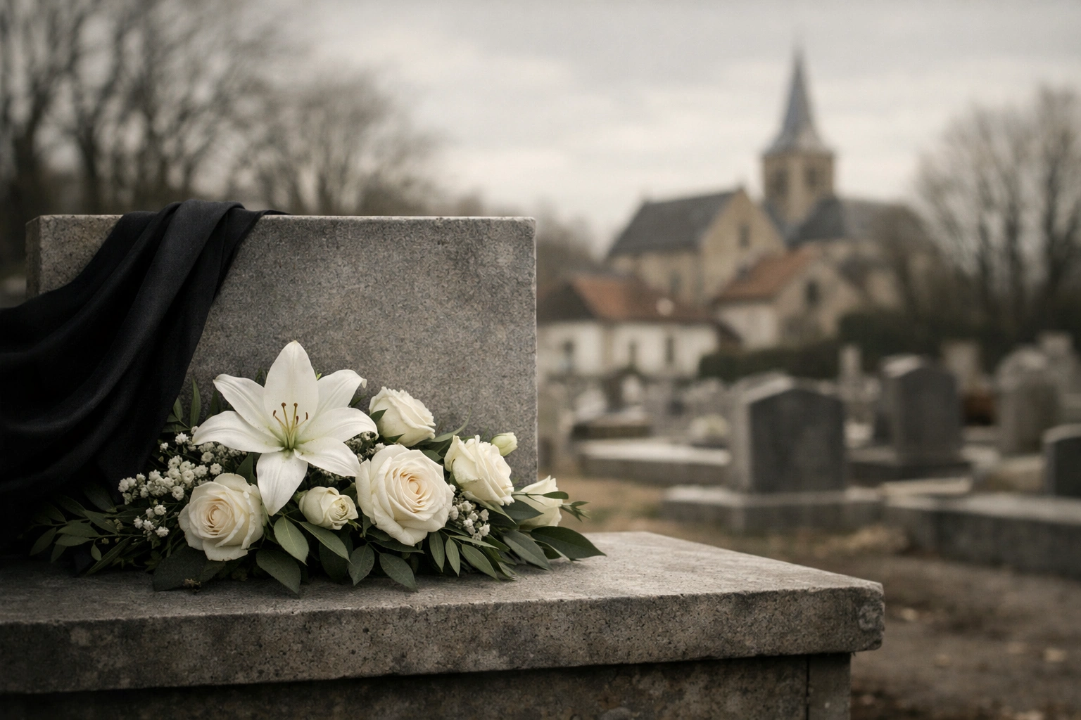 Plaque funéraire ornée de lys et de roses blanches dans un cimetière paisible de Vitry-en-Artois.