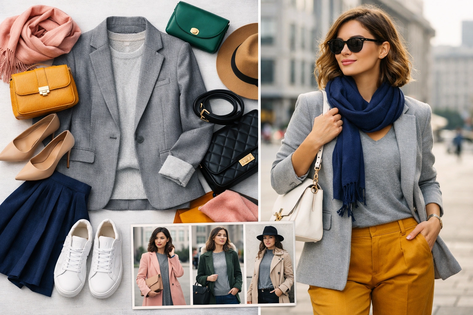 Tenue grise élégante assortie à des accessoires colorés, montrant quelles couleurs s’accordent avec le gris en mode.
