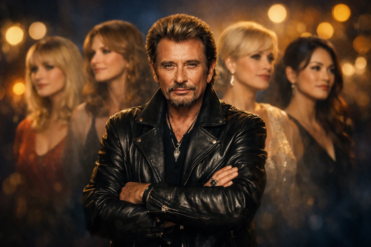 Portrait cinématographique de Johnny Hallyday entouré de cinq silhouettes féminines évoquant ses épouses et les époques de sa vie.