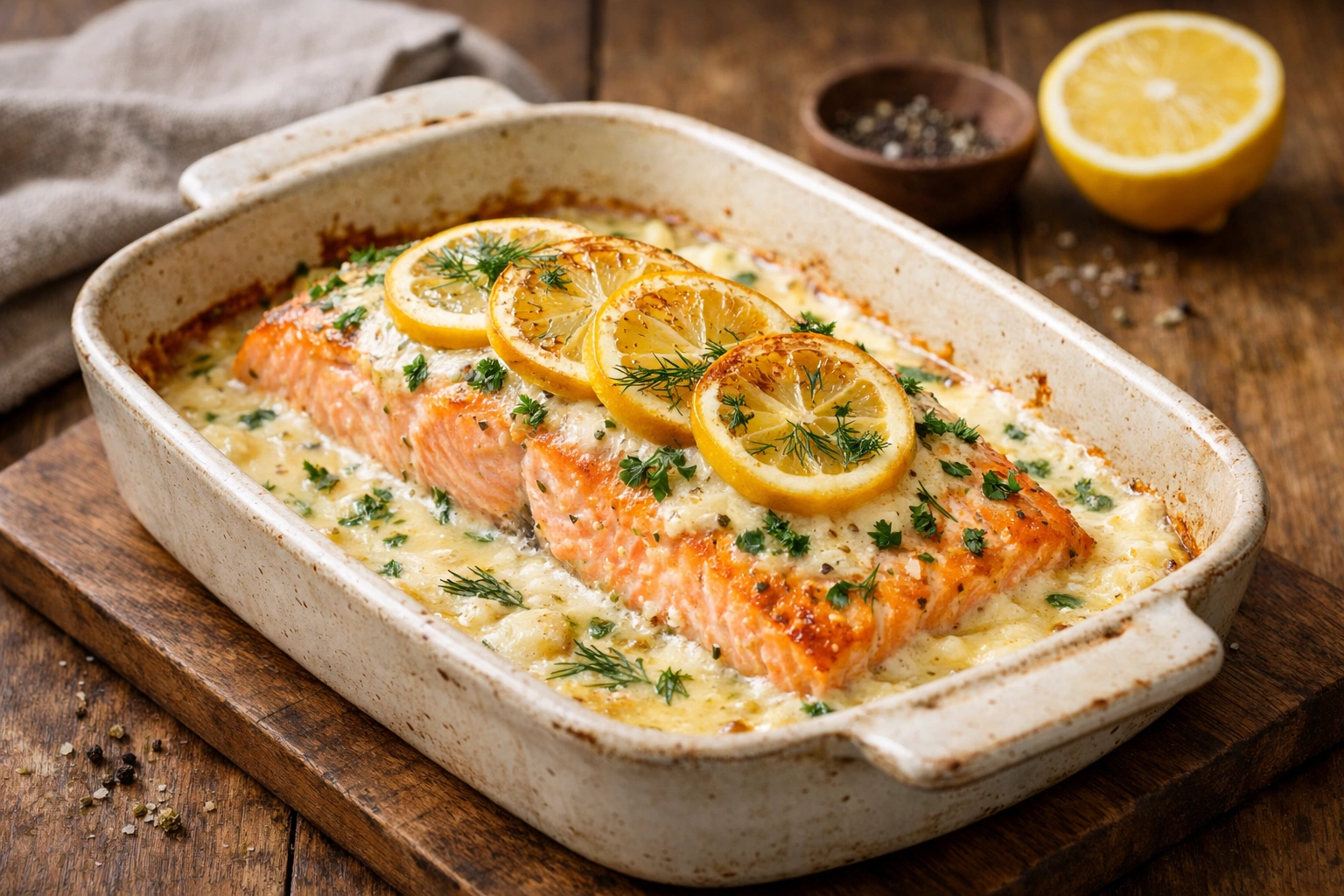 Saumon au four nappé de crème fraîche au citron, garni de rondelles de citron et d’herbes fraîches !