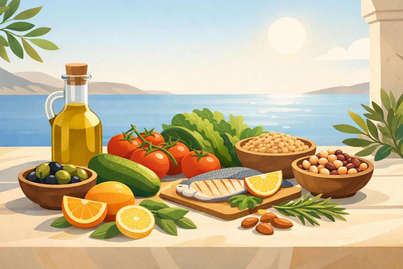 Table ensoleillée au bord de la mer avec aliments du régime méditerranéen frais et colorés.