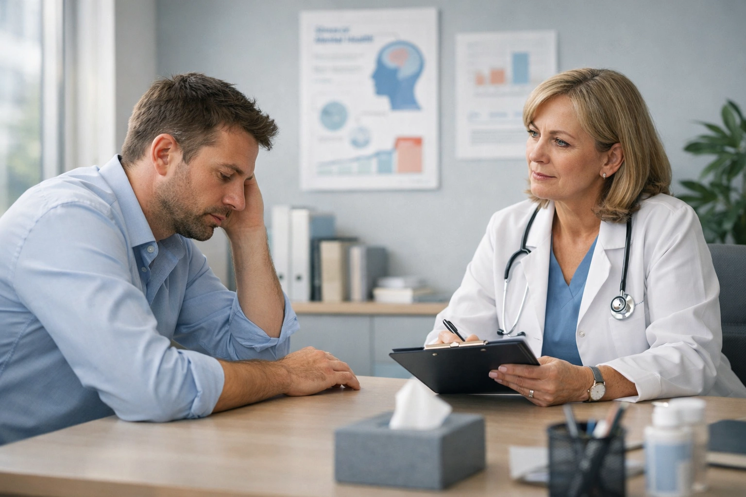 Médecin du travail écoutant un salarié épuisé lors d’une consultation sur le burn-out en entreprise.