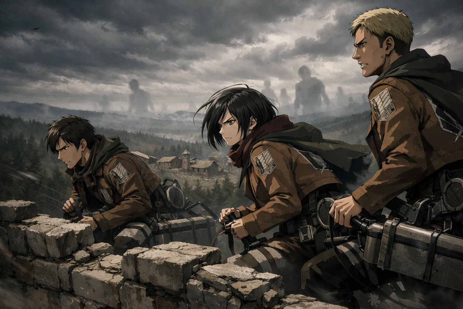 Soldats du Bataillon d’exploration sur un mur endommagé, ambiance sombre et menaçante, inspirée d’Attack on Titan saison 2.