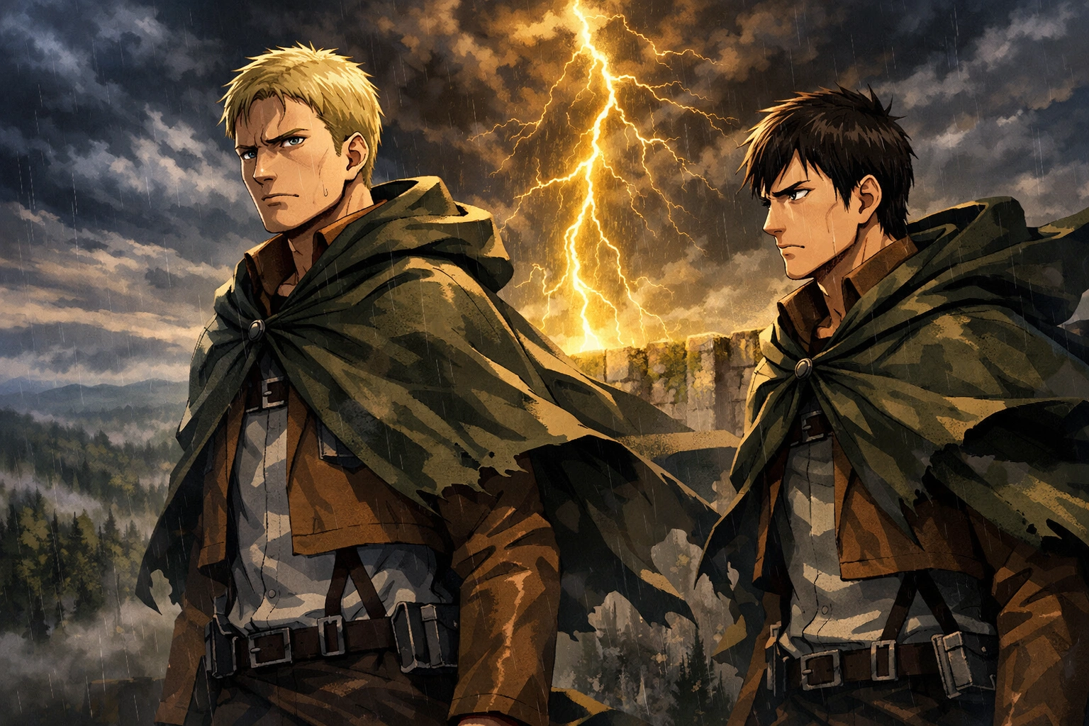 Deux soldats tendus sur le mur Rose, ciel orageux, éclair doré annonçant un lourd secret fin.