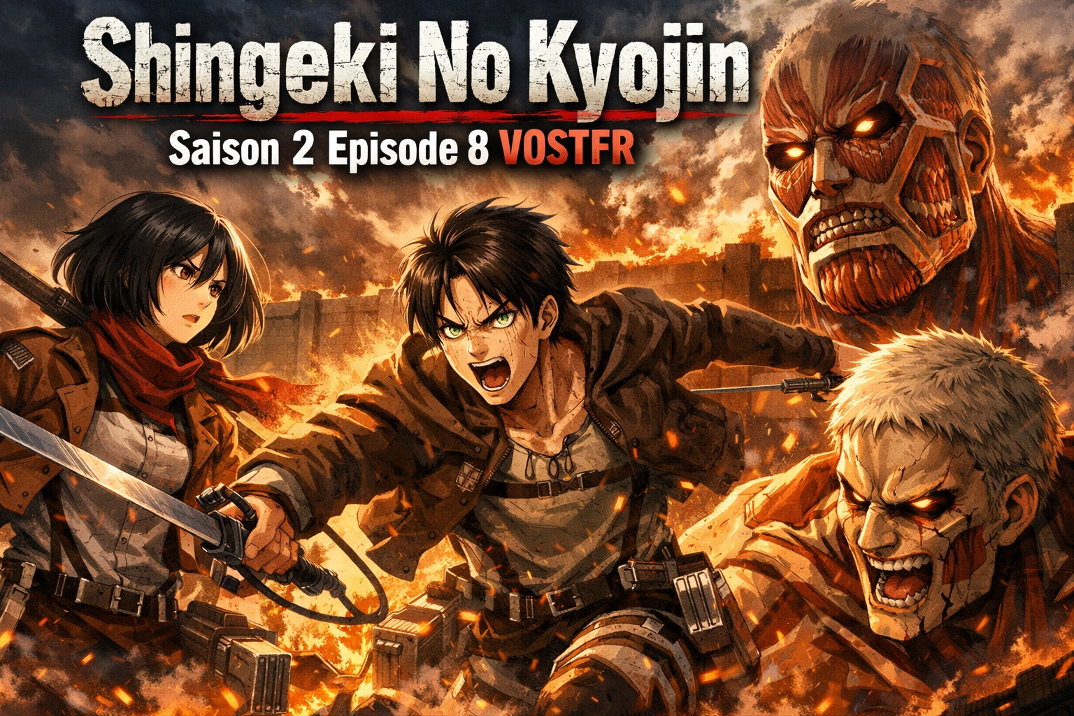 Scène d’action de Shingeki no Kyojin avec Eren, Mikasa et les Titans dans une ville en flammes.