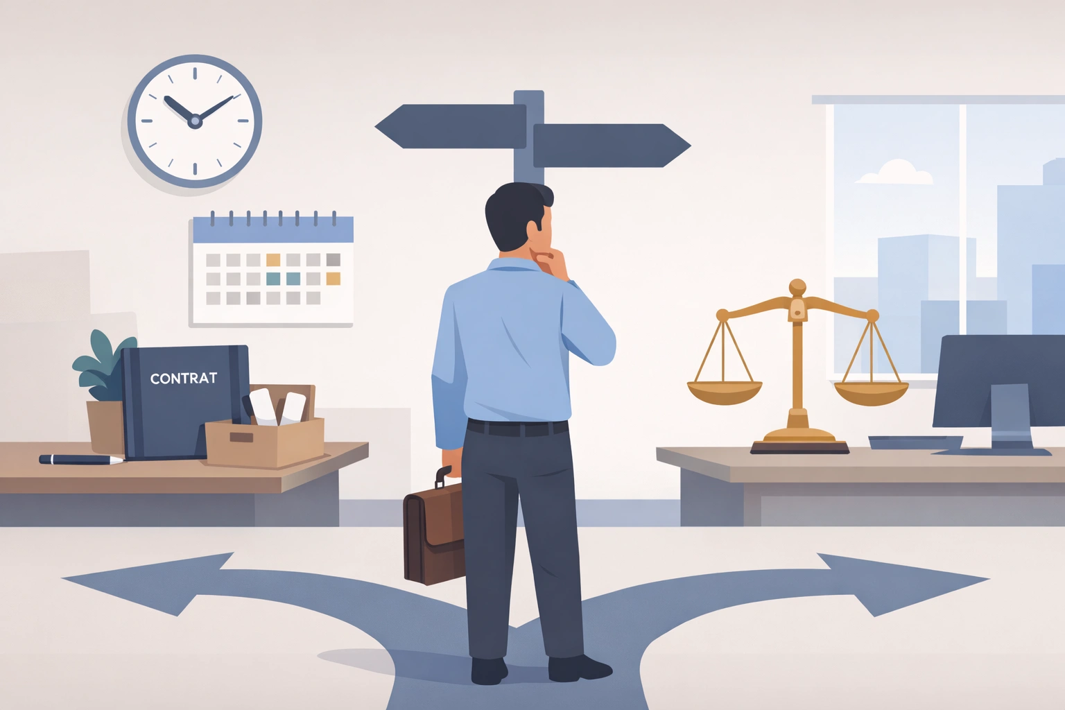 Illustration d’un employé hésitant dans un bureau, symbolisant ancienneté et droits après démission.