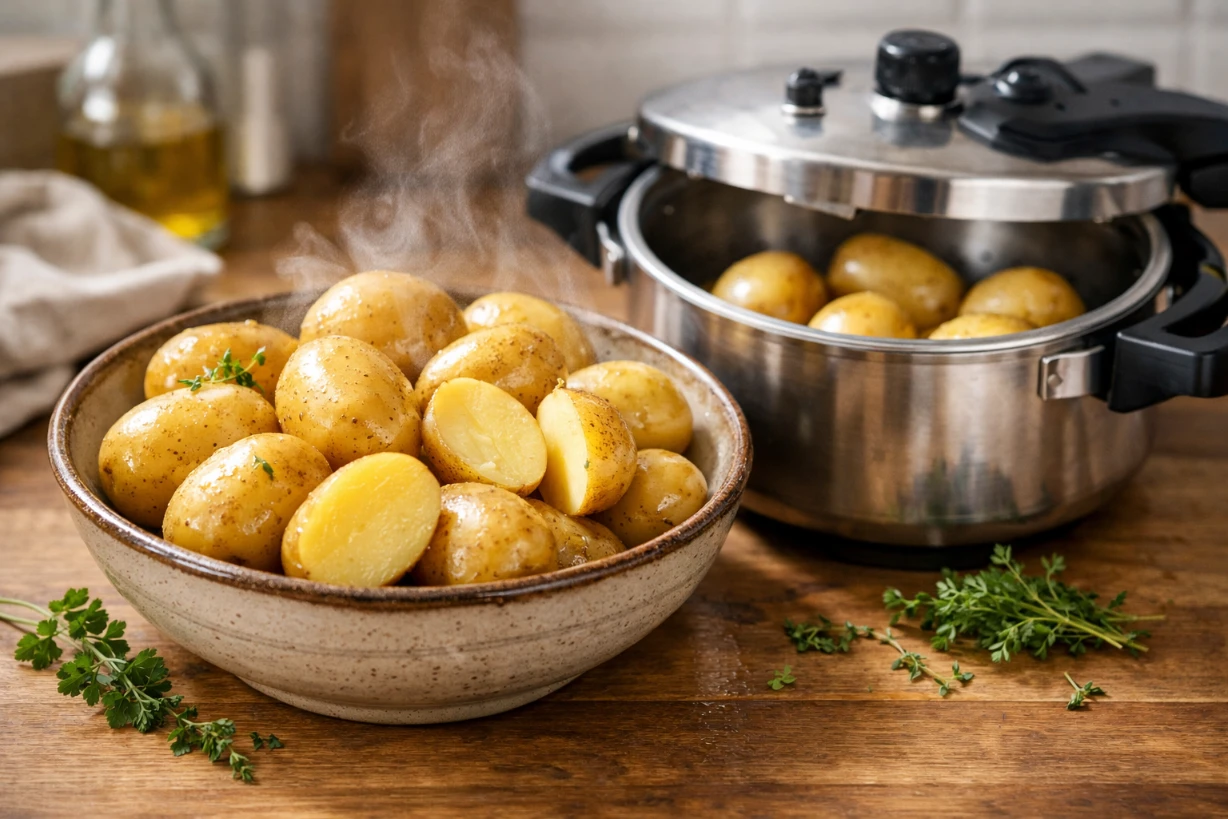 Pommes de terre vapeur dorées dans un bol, à côté d’une cocotte-minute ouverte, cuisine lumineuse française.