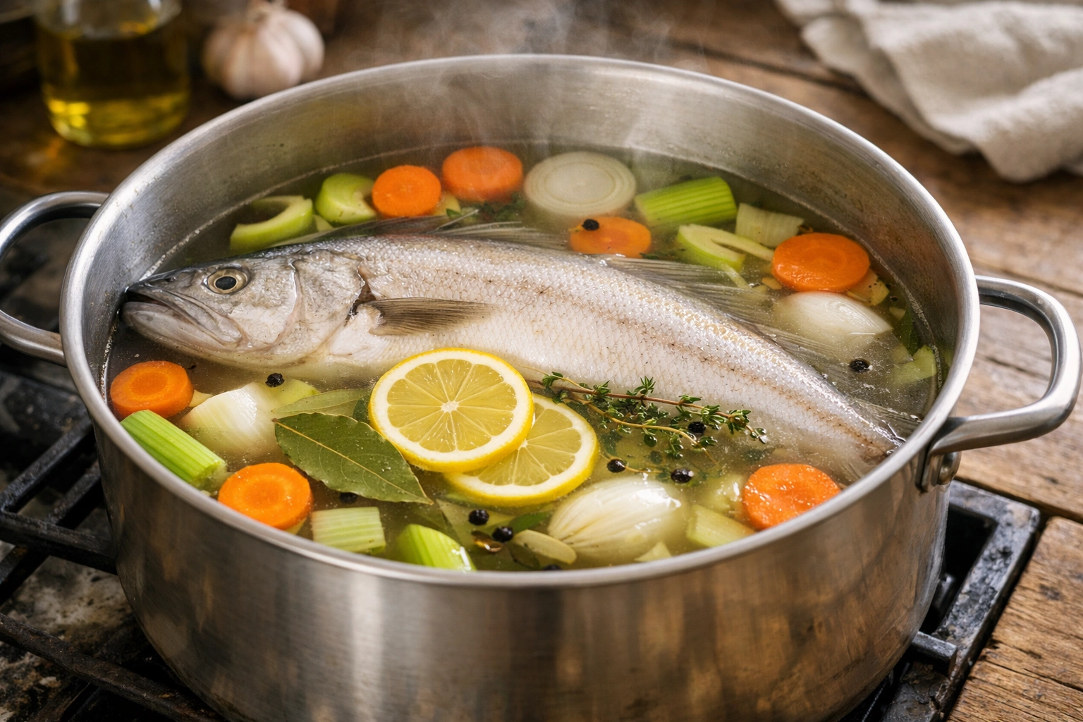 Merlu entier poché dans un court-bouillon clair avec légumes, herbes et citron, en cuisine française.