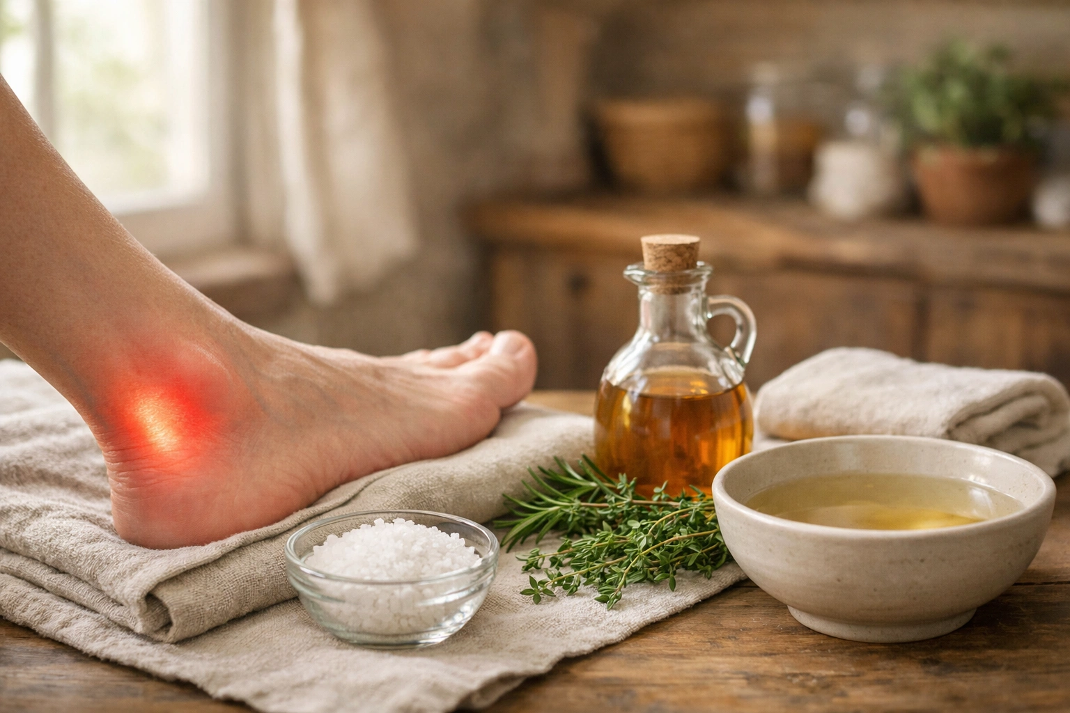 Pied au repos avec remèdes naturels pour tendinite du tendon d’Achille dans une ambiance douce calme.