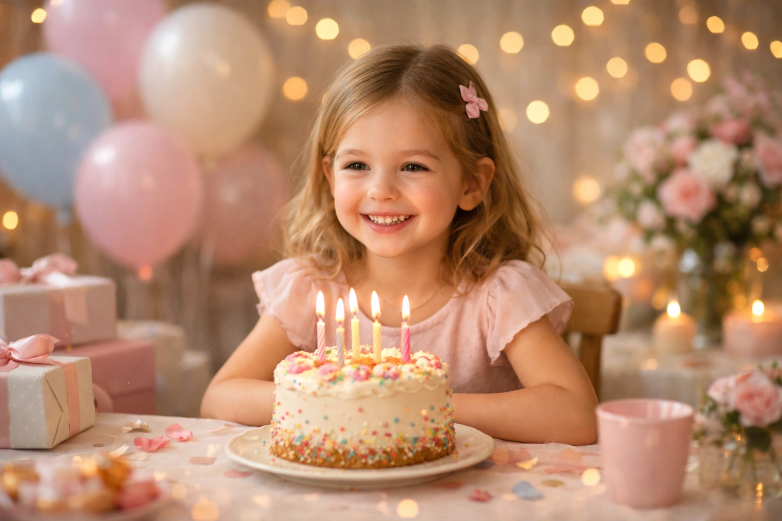 Petite fille souriante devant son gâteau d’anniversaire, décor pastel, bougies allumées ambiance zen.