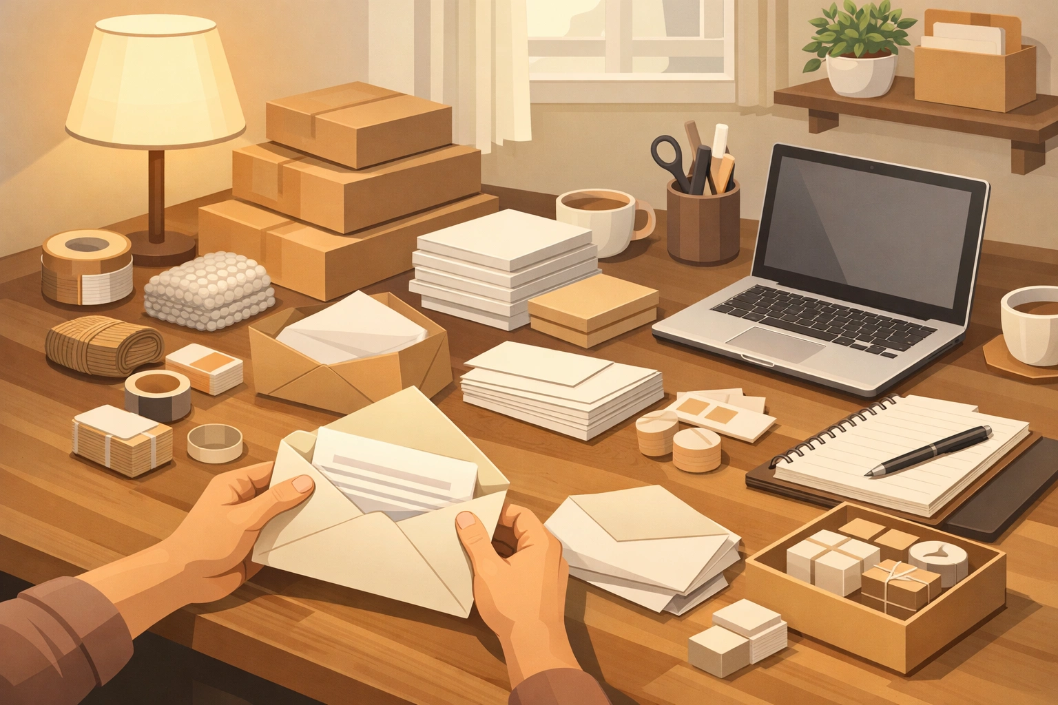 Illustration d’un bureau à domicile avec enveloppes, papiers et colis préparés pour travail à distance.