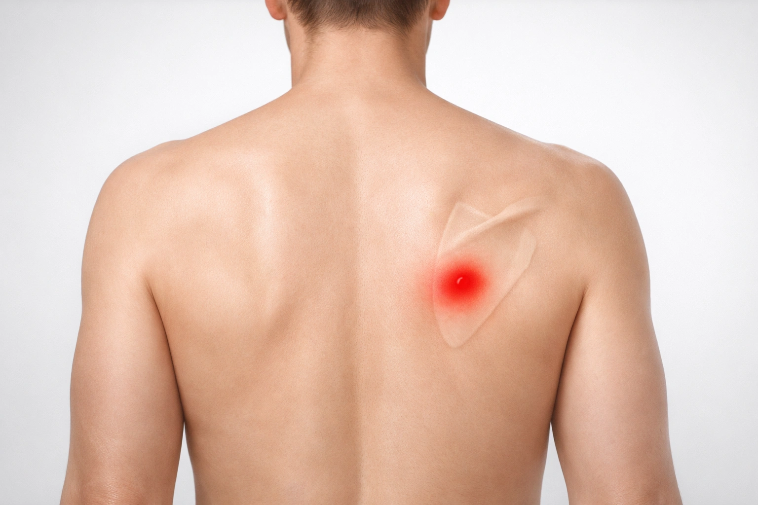 Illustration médicale du dos humain vue de dos, montrant un point de douleur sous l’omoplate droite.