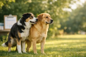 Deux chiens adultes côte à côte dans un parc, ambiance éducative et naturelle chaleureuse.
