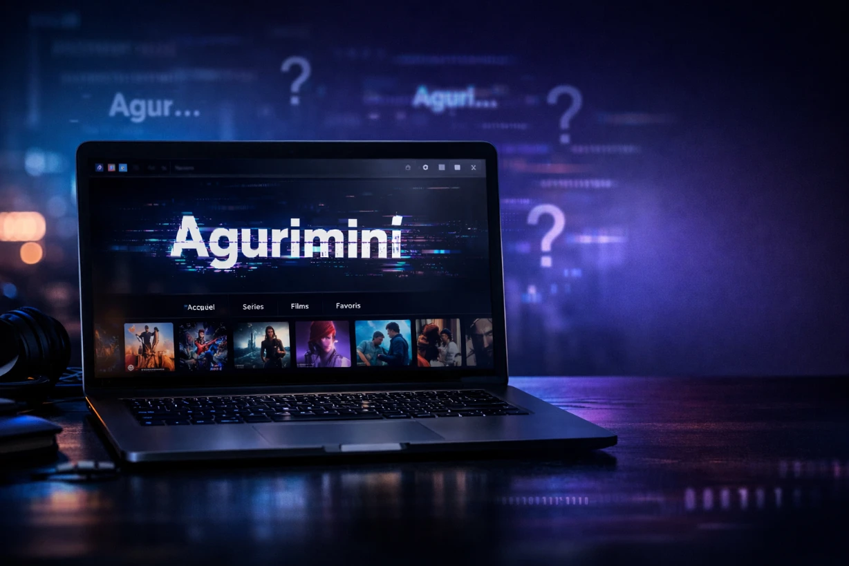 Ordinateur affichant Agurimini avec logo glitché dans une ambiance néon mystérieuse.