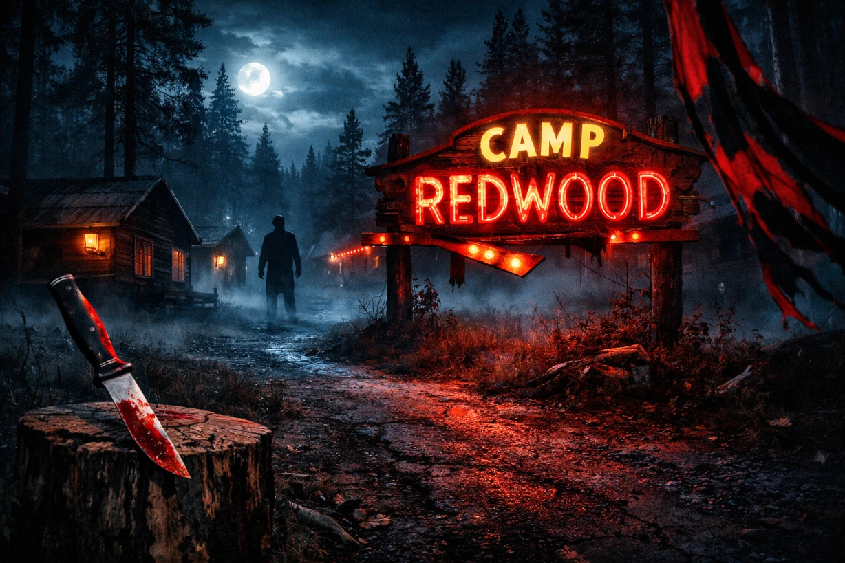 Camp d’été hanté la nuit, enseigne lumineuse, couteau ensanglanté et silhouette menaçante.