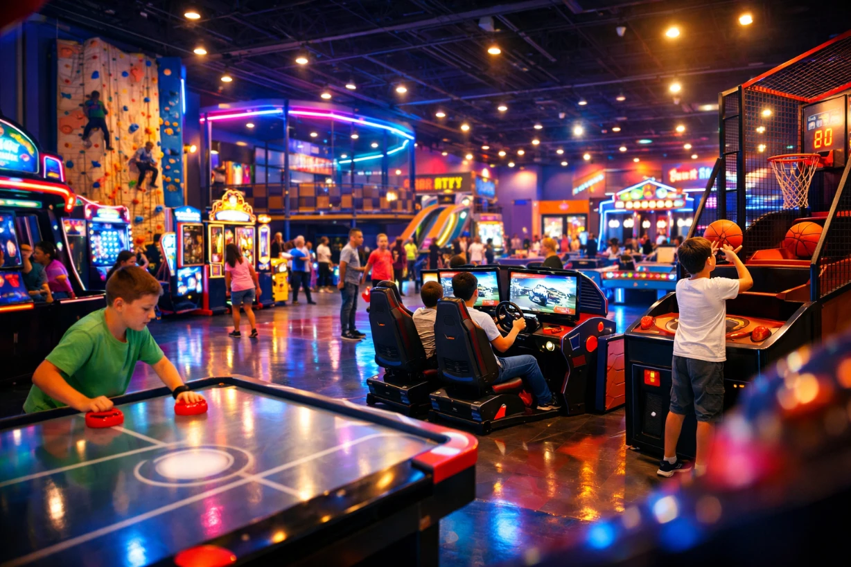 Parc de loisirs intérieur animé avec bornes d’arcade et enfants jouant sous néons colorés.