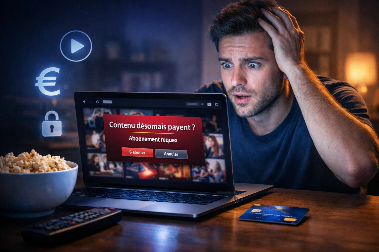Personne surprise devant un site de streaming affichant un abonnement requis à l’écran.