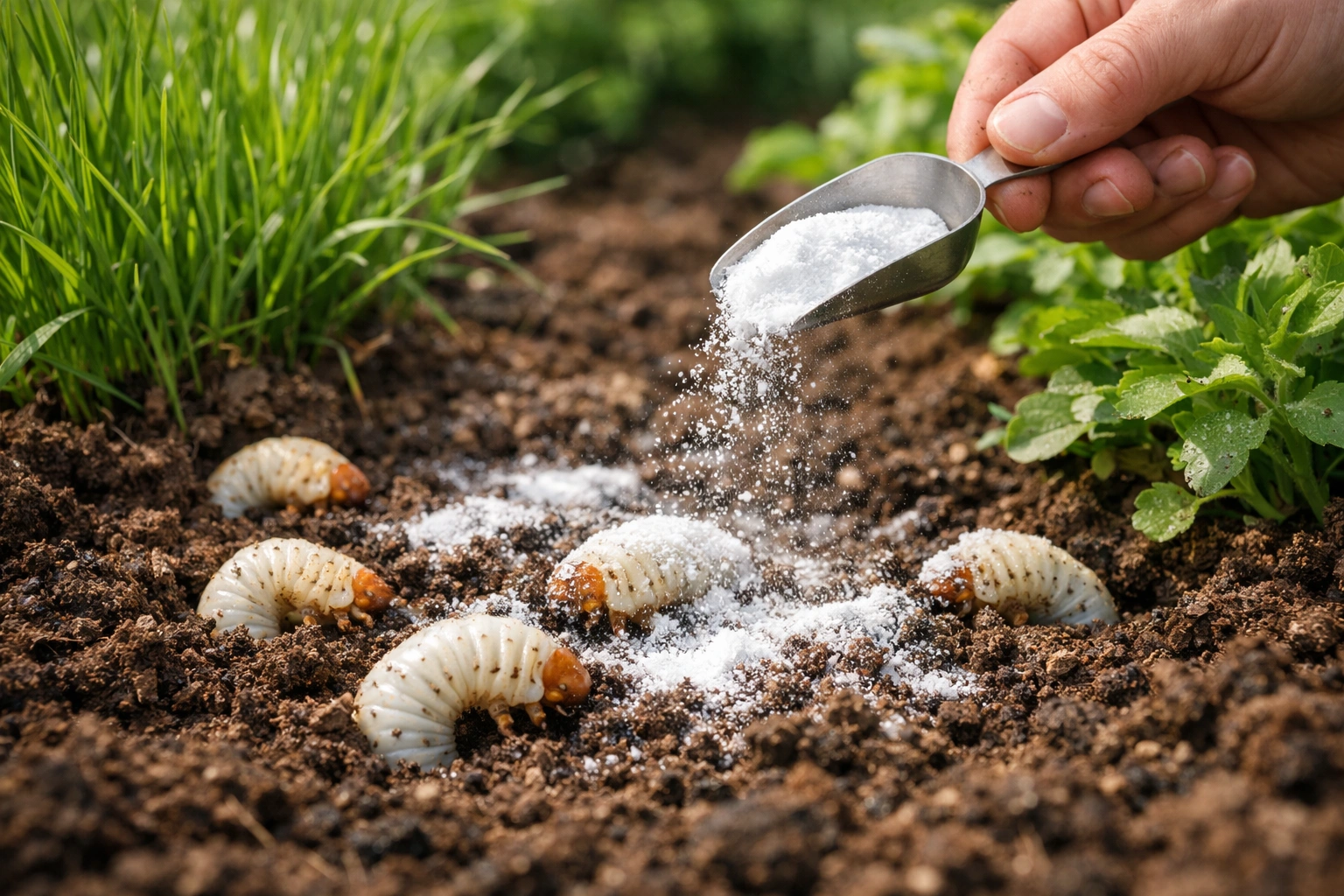 Main de jardinier saupoudrant du bicarbonate sur des vers blancs dans un sol de jardin sain fertile!