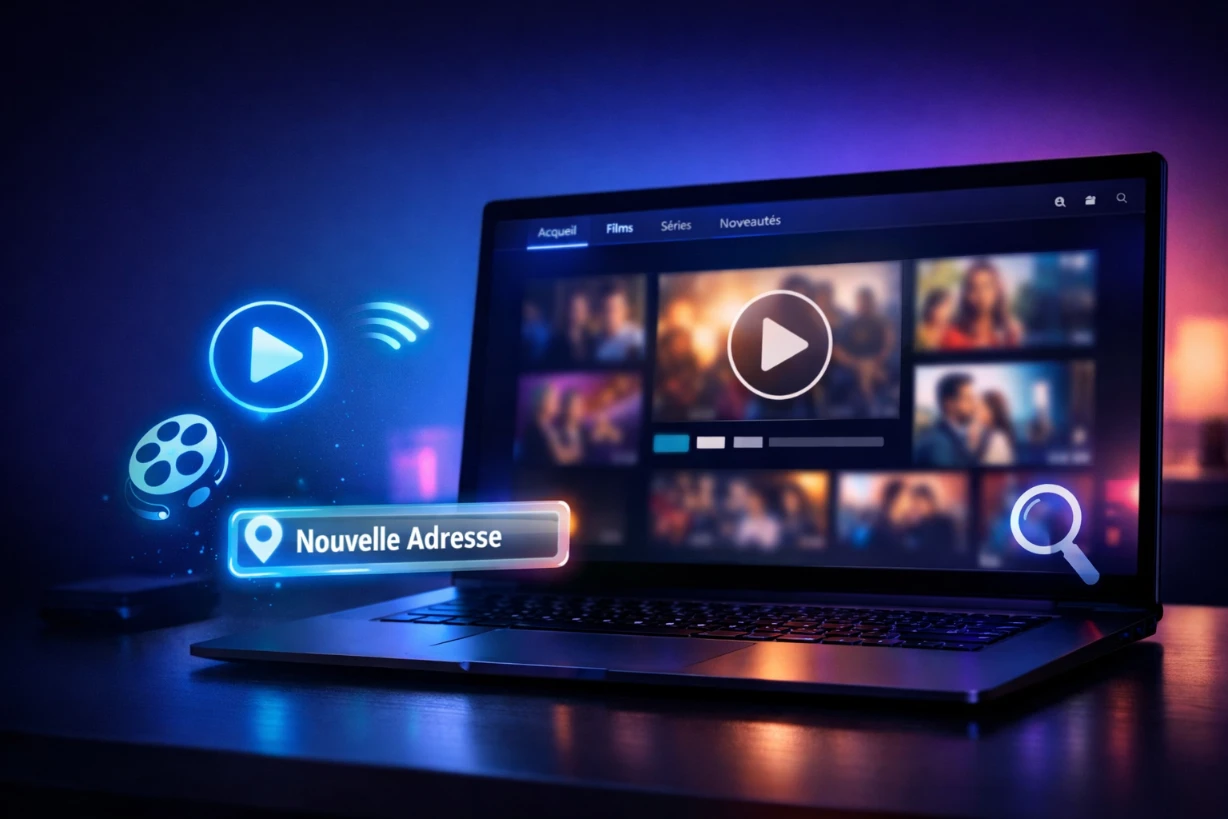 Ordinateur affichant une plateforme de streaming dans une ambiance numérique sombre et moderne.