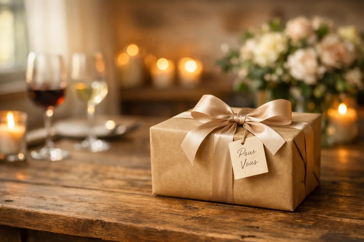 Cadeau élégant posé sur table en bois, ambiance chaleureuse et conviviale aux chandelles.