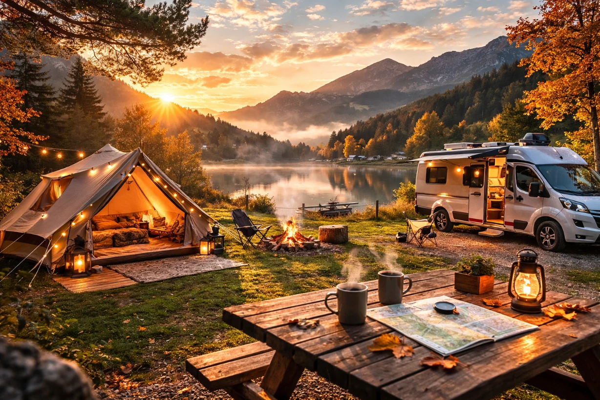 Camping au bord d’un lac en automne, tente et van sous un lever de soleil doré.