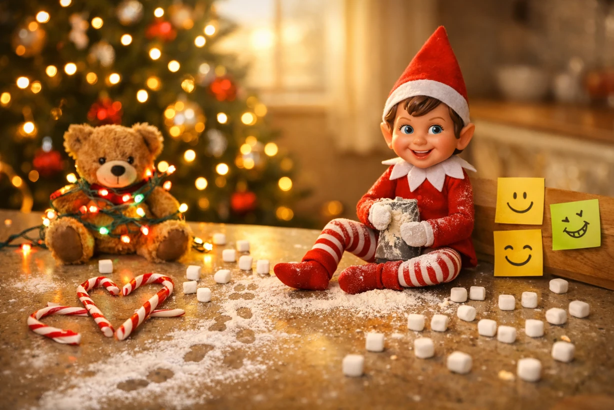 Lutin farceur semant farine et chamallows dans salon de Noel illumine au lever du jour merveilleuses.