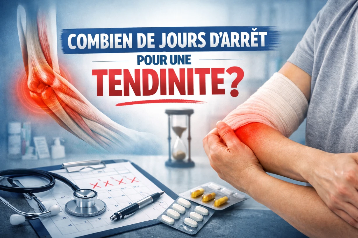 Illustration médicale d’une tendinite au bras avec douleur, bandage, calendrier d’arrêt et symboles de soin.