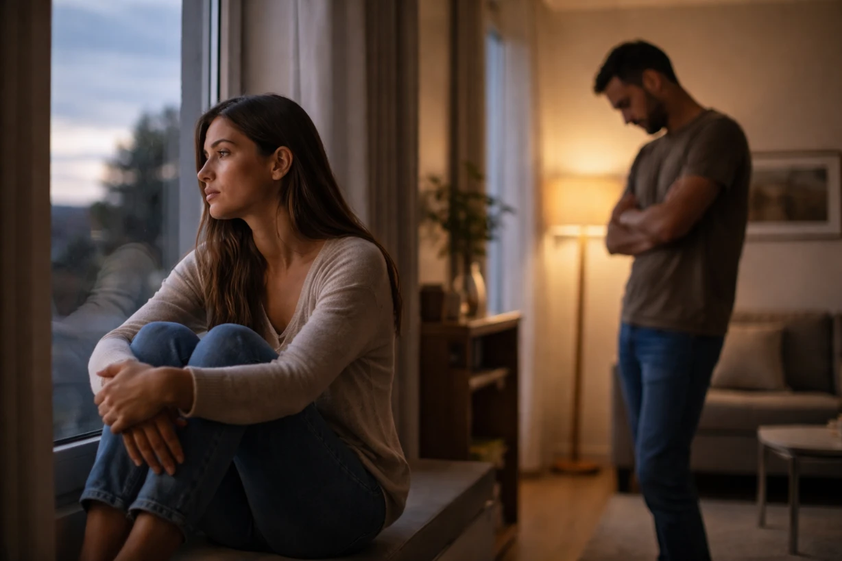Couple dans un appartement moderne, silencieux après une dispute, chacun plongé dans ses pensées, séparés, calmes.