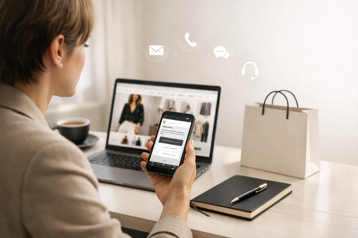 Jeune adulte contactant le service client d’une boutique de mode en ligne via smartphone et laptop.