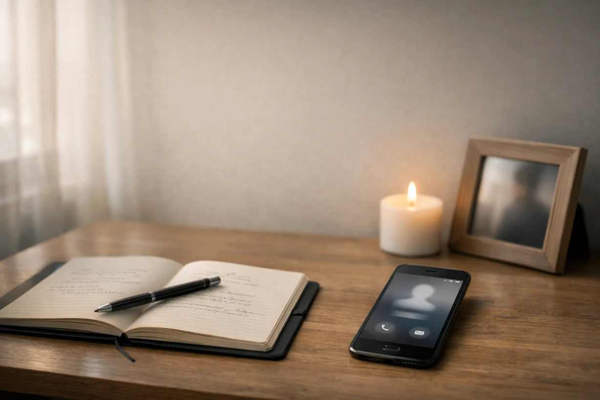 Bureau éclairé par le soleil, téléphone, carnet ouvert, bougie et photo encadrée floue.