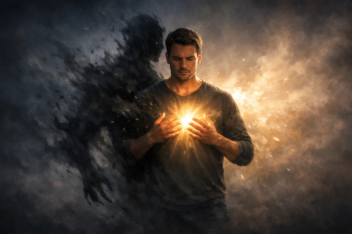 Un homme libère une énergie lumineuse depuis sa poitrine, dissipant une entité sombre dans une atmosphère spirituelle et cinématographique.