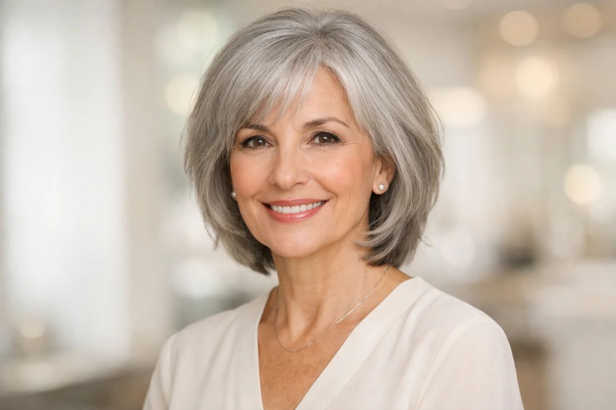Femme élégante de 60 ans aux cheveux gris en carré dégradé, visage ovale lumineux et souriant.
