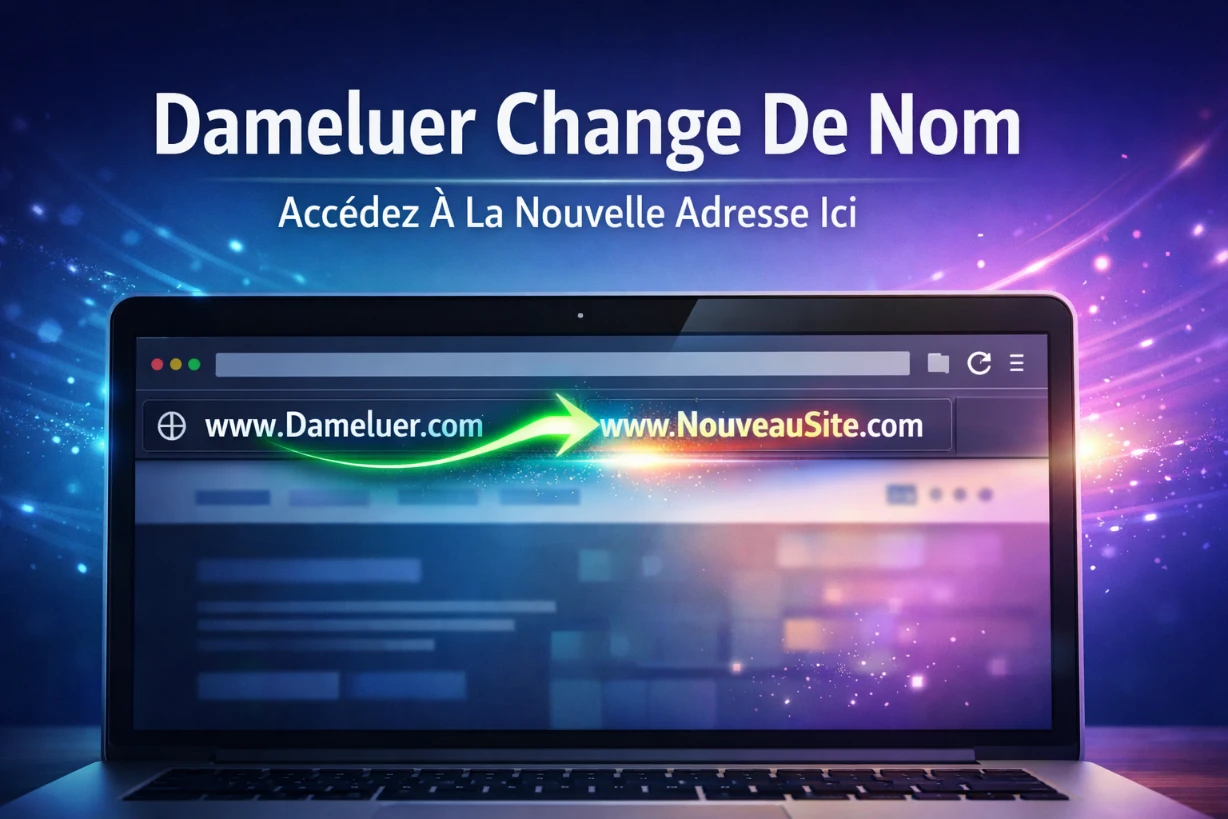 Changement de nom Dameluer affiché sur ordinateur avec redirection vers nouvelle adresse web.