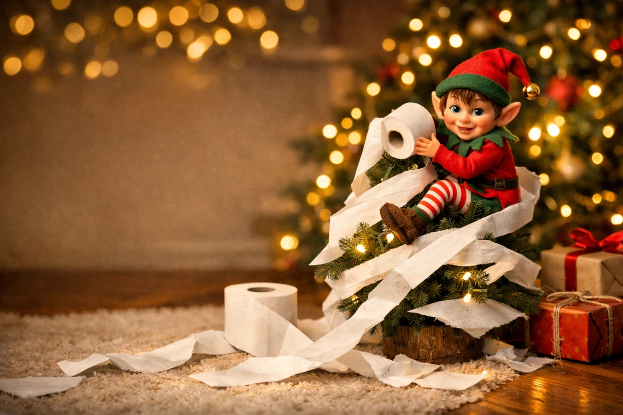 Lutin farceur décorant un sapin avec du papier toilette dans un salon de Noël chaleureux.