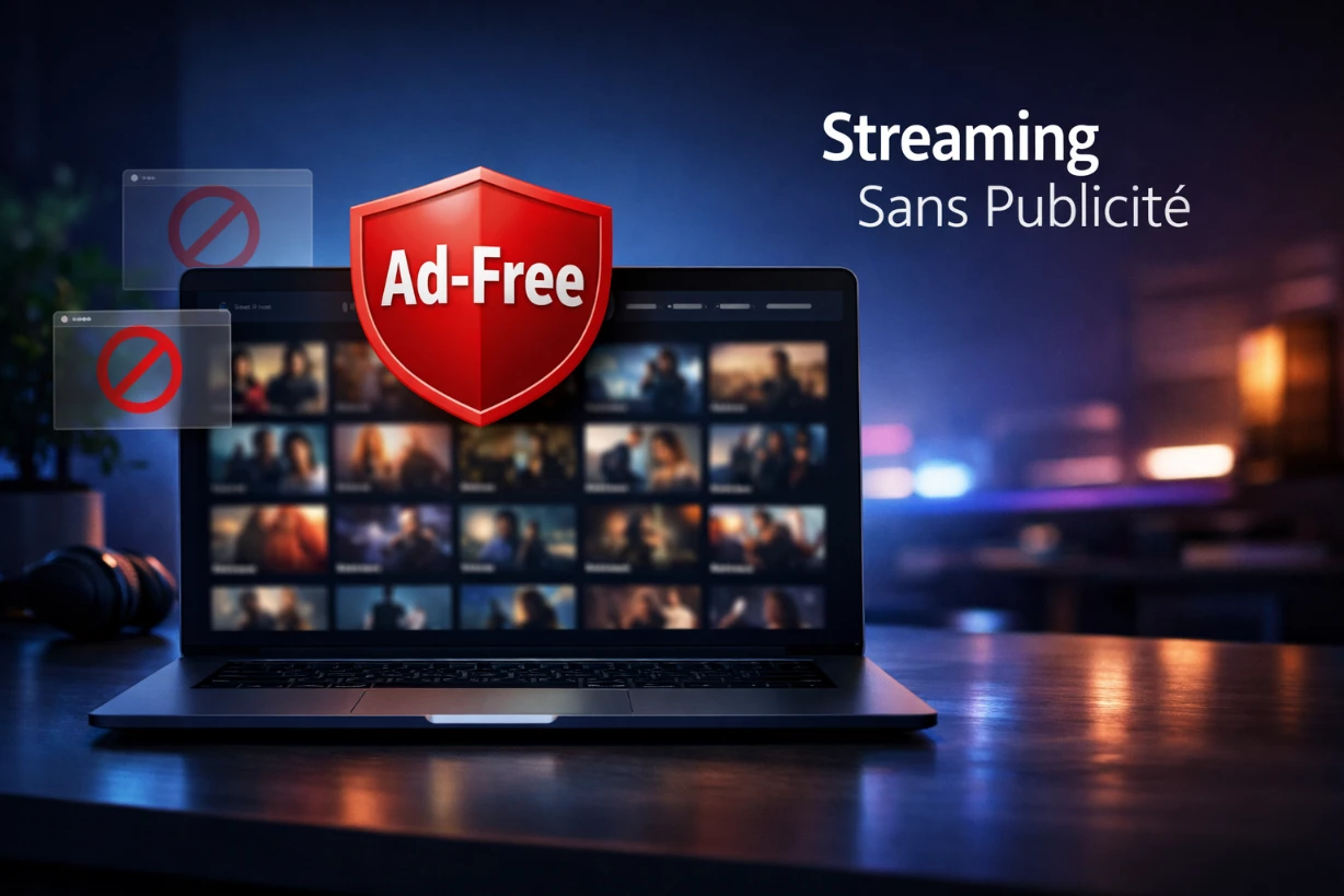Ordinateur portable affichant une plateforme de streaming sans publicité dans un bureau moderne sombre.