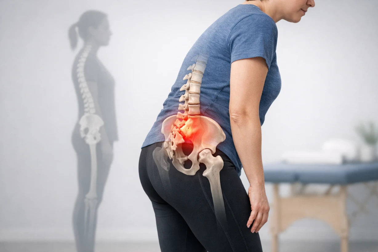 Vue latérale d’une personne en mauvaise posture avec douleur sacro-iliaque mise en évidence en rouge.