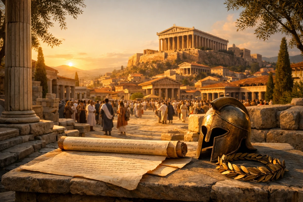 Cité grecque antique au coucher du soleil avec agora animée et temple sur l’acropole en arrière-plan.