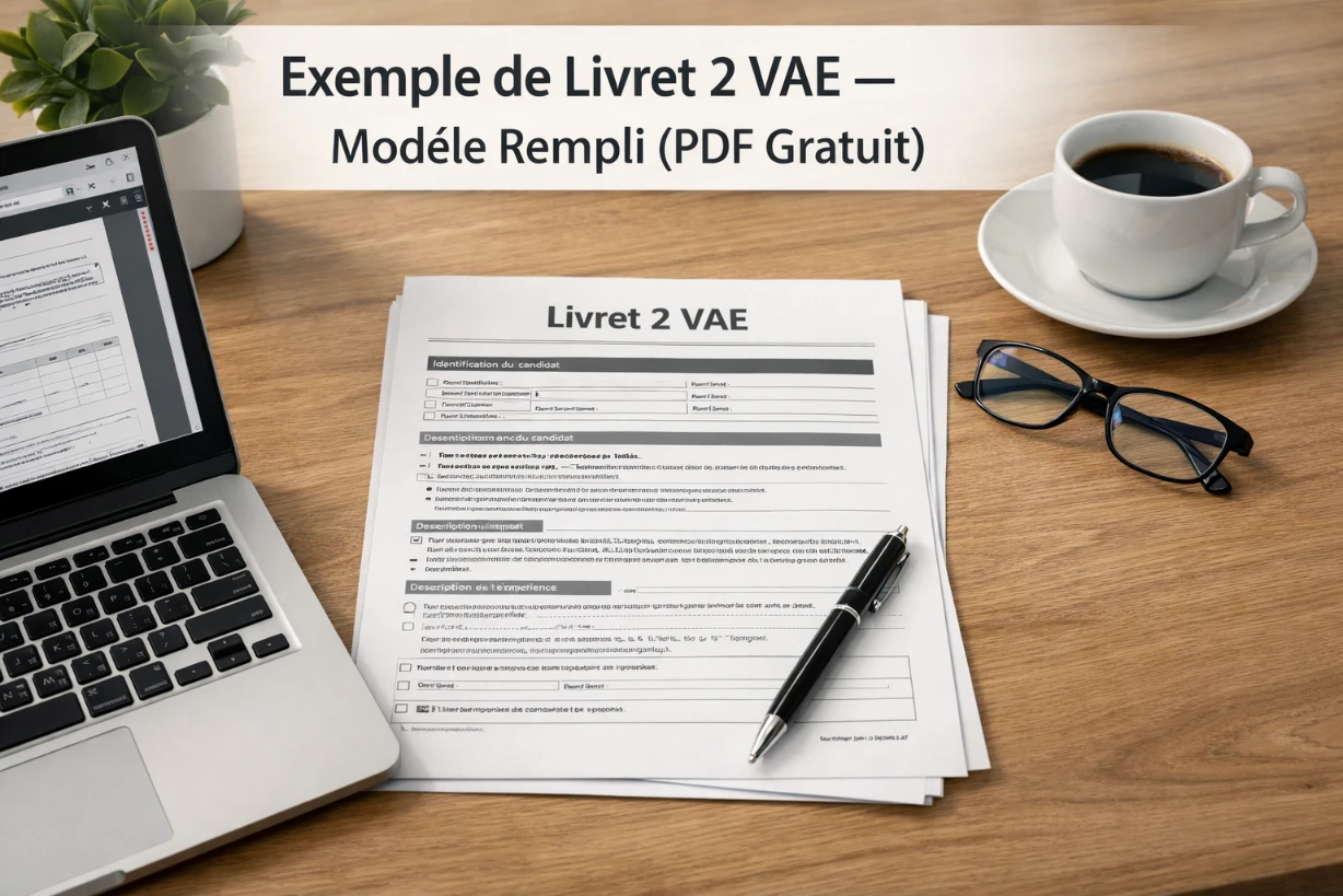 Bureau professionnel avec Livret 2 VAE rempli, PDF ouvert sur ordinateur portable moderne.