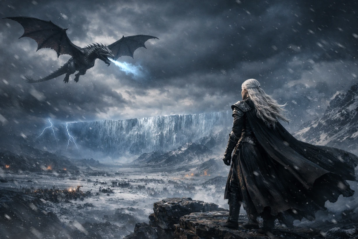 Reine aux cheveux argentés face à un dragon au-dessus d’un mur de glace immense.