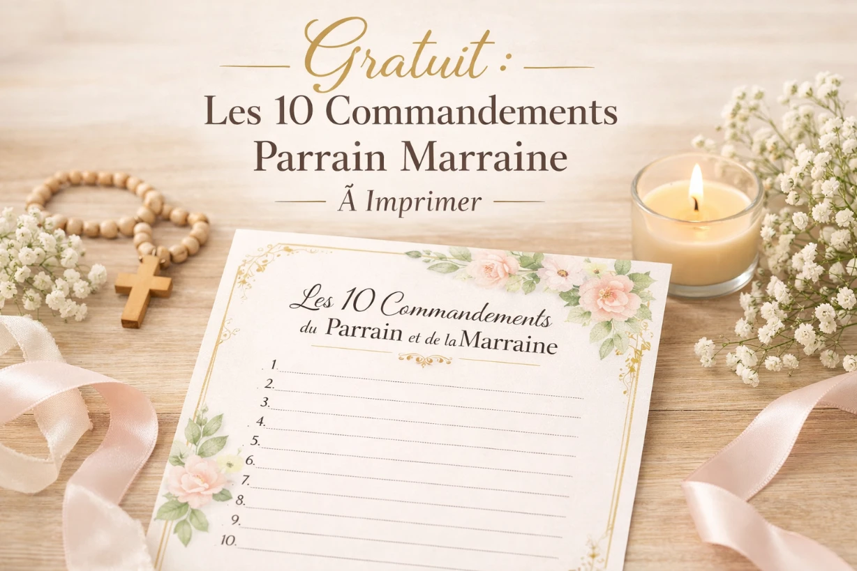 Affiche élégante des 10 commandements du parrain et marraine à imprimer pour baptême.